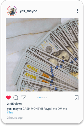 Screenshot of a social media post by a user called yes_mayne. The post shows a photo of several hundred dollar bills with the caption: CASH MONEY!! Paypal me DM me